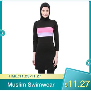 Vrouwen Lange Mouwen Moslim Badmode Contrast Kleur Hooded Hijab Arabische Islamitische Zwemmen Surfkleding Burkinis Badpak Plus Size