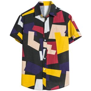 Heren Katoen Linnen Korte Mouw Casual Gedrukt Hawaiian Shirt Blouse T-shirt Heren Etnische Patchwork Shirts 3.30