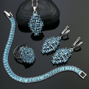 925 Zilveren Engagement Sieraden Sets Voor Vrouwen Sky Blue Zirconia Oorbellen/Hanger/Ketting/Ring/Armband