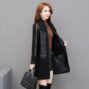 Vrouwen Zwarte Thicken Faux Leren Jas Dames Lamswol Sheepskon Suede Warm Trenchcoats Vrouwelijke Lange Bovenkleding Grote Maat