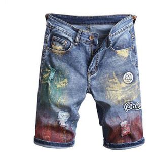 Mannen Mannelijke Mode Casual Gekleurde Geschilderd Gescheurd Shorts Knielengte Gaten Stretch Denim Jeans Zomer Capri