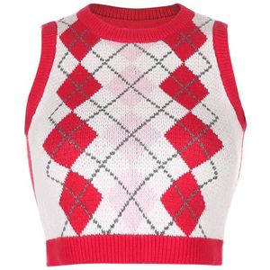 Rode Argyle Plaid Knitwear Tank Top Retro 90S Engeland Dames Preppy Stijl Trui Vesten Vrouwen Streetwear Pop Gebreide Vest