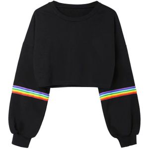 Sweaters Vrouwen Lange Mouw Gestreepte Crop Korte Capuchon Rainbow Sweatshirt poleron mujer Vrouwen Zwart moletom feminino A4