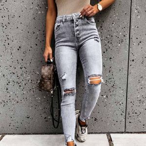 Mid Taille Skinny Herfst Gescheurde Jeans Vrouw Vintage Verontruste Denim Broek Gaten Potlood Broek Femme Casual Jean Broek