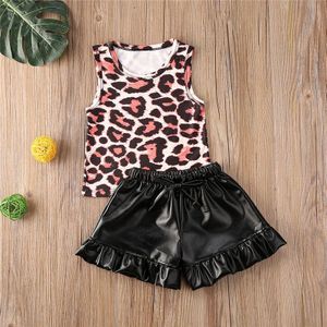Trend Children Kids Two Piece Suit Set Leopard Print Round Neck Sleeveless Tank Top Solid Color PU Pants Outfits