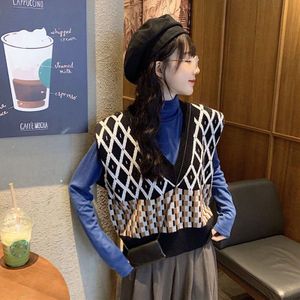 Japanse Retro Contrast Plaid Losse Vrouwen Trui V-hals Buiten Korte Gebreide Vest