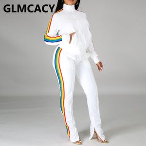 Vrouwen Side Regenboog Gestreepte Twee Stuk Past Regualr Rits Jas & Slit Broek Set