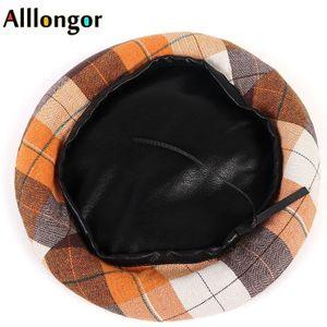 Lederen Baret Vrouwen Herfst Winter Omkeerbare Plaid Print Baretten Femme Franse Baret Hoed