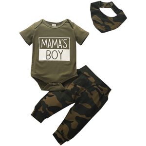 0-18M Pasgeboren Baby Baby Jongens Kleding Sets 3 Stuks Cartoon Print Korte Mouw Romper Tops + Camo shorts/Broek + Bib