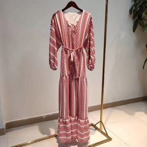 Vgh Bohemian Gestreepte Print Hit Kleur Jurk Voor Vrouwen V-hals Lantaarn Mouw Hoge Taille Lace Up Strik Maxi Jurken vrouwelijke