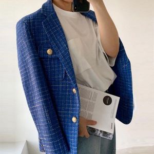 Lente Herfst Vrouwen Ol Werk Vintage Plaid Tweed Blazers Jassen Chic Metal Button Office Suit Jassen Vrouwelijke Uitloper tops