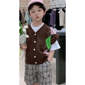 2022 Zomer Kinderen Gebreide Vest Koreaanse Stijl Jongens V-hals Dunne Knit Vesten Meisjes Vliegen Mouw Losse Enkele Breasted Tops