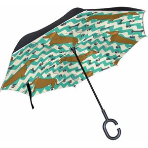 Teckel Paraplu C-Haak Winddicht Reverse Paraplu Omgekeerde Dubbele Laag Zelf Stand Regen Bescherming Paraplu