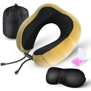 Reizen Kussen Memory Foam Nekkussen Vliegtuig Reizen Kit Met 3D Eye Maskers, Oordopjes En Luxe Tas