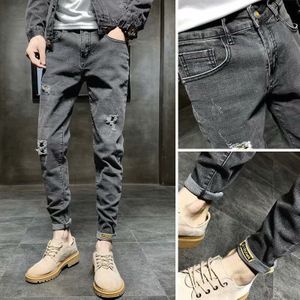 Mode Hip Hop Straat Cargo Donkergrijs Gewassen Strijkvrij Katoen Ripped Homen 'S Mid-Rise mannen Tiener Skinny Jeans