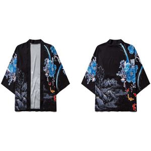 Gonthwid Pioen Bloemen Karper Koi Vis Print Japanse Kimono Vest Tops Heren Casual Open Voorzijde Jassen Streetwear