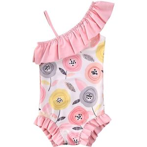 Kinderen Meisje Een Stuk Suits Zomer Kids Meisje Een Schouder Bloemen Badpakken Ruches Skew Kraag Sling Badmode Meisje Beachwear