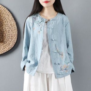 Vrouwen Vintage Blouses Herfst Lange Mouw Katoen Linnen Shirt Chinese Stijl Knoppen Blusas Borduren Tops Plus Size 11803