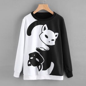 Telotuny sweatshirt cartoon zwart wit Gemini Kat sweatshirt vrouwen Lange Mouw plus size sweatshirts moleton feminino AG 07