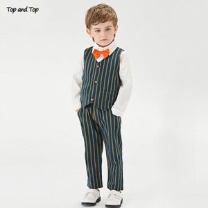 Top En Top Kinderkleding Set Jongens Gentleman 4 Stuks Pak Lange Mouwen Bowtie Shirt + Broek + Vest + Vlinderdas Outfits Gestreepte Stijl
