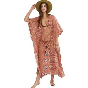 Boho Geïnspireerd Kant Kaftan Maxi Strand Jurk Mesh Borduren V-hals Kaftan Zomer Jurk Chic Lente Zomer Strand Kleding