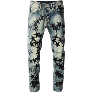 Mannen Lederen Sterren Patch Stretch Denim Jeans Streetwear Gaten Ripped Slim Skinny Potlood Broek Patchwork Broek