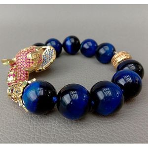 8 ''14 Mm Blue Tiger Eye Ronde Strand Armband Zirconia Pave Olifant Goud Kleur Plated Connector Magneet Sluiting