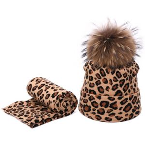 2 Stuks Winter Vrouwen Pompon Beanie Muts Sjaal Set Luipaard Warm Faux Fur Pom Pom