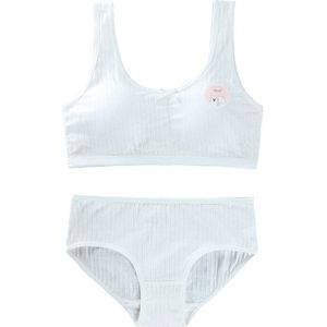Puberteit Tieners Meisjes 2Pcs Sport Ondergoed Set Geribbelde Cute Bear Print Zoete Strik Padded Wirefree Training Beha En Bijpassende