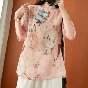 Lady Retro Chinese Stijl Hanfu Tops Traditionele Elegante Vrouwen Blouse Mode Oosterse Kleding Katoen Linnen Print Zen Thee Shirts