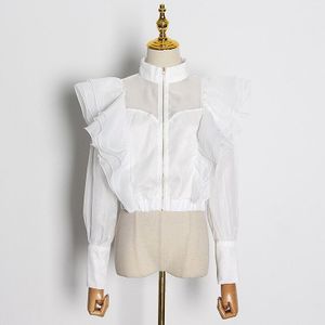 Vgh Patchwork Ruche Rits Shirt Voor Vrouwen Coltrui Lange Mouwen Casual Witte Blouse Vrouwelijke Mode Kleding Tij