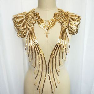 1Set 5Pcs Gouden Kleur Sequin Noble Gown Geavanceerde Applicaties Geborduurd Kwastje Kraag Mesh Sew Patch Voor Bruiloft Decoratie jurk