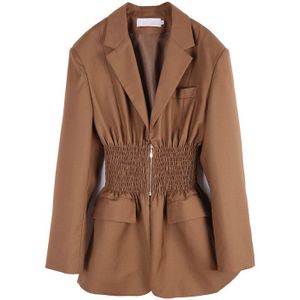 [Eam] Vrouwen Bruin Plisse Big Size Blazer Revers Lange Mouwen Loose Fit Jas Mode Tij Lente Herfst 1DA444