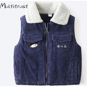 Herfst Kinderen Katoen Dikke Warme Vest Kinderen Meisje Jongen Snoep Kleur Fleece Kraag Pocket Rits Corduroy Tops Overjas