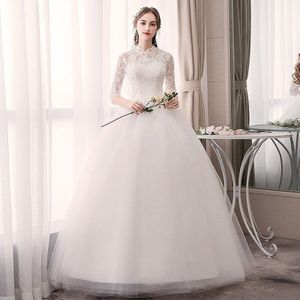Wit Goedkope Wedding Jurken Half Mouw Hoge Hals Kant Applicaties Baljurk Elegante Bruidsjurken Voor Bruid Vestido Novia