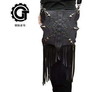 Gothic Steampunk Retro Rock Tas Mode Mannen Vrouwen Kwastje Schoudertas Telefoon Case Houder Zwart Pu Lederen Messenger Bag
