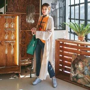 Casual Streetwear Lantaarn Mouw Koreaanse Lange Stitch Trui Mode Vrouw Oversize Vest Warm Breien Losse Jas