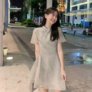 Cheongsam 2022 Zomer Vrouwen Jurk Chinese Stijl Franse Dames Jong Chiffon Bloemen Gedrukt Mini Rokken 2022 Trend