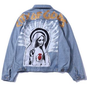 Bebovizi Vintage Virgin Mary Schilderen Print Jeans Jassen Hip Hop Streetwear Losse Gewassen Denim Jas Jas Mannen