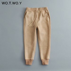 WOTWOY Casual Chammy Wit Kaki Broek Vrouwen Hoge Taille Zakken Taille touw Winter Vrouwelijke Broek Dikke Warme dame joggers