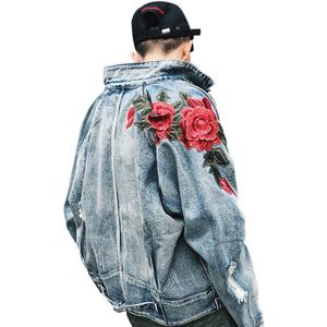 Voorjaar Mannen Kleding Denim Jasje 3D Rose Bloem Borduren Vintage Gerafeld Gat Jassen High Street Hiphop Bovenkleding