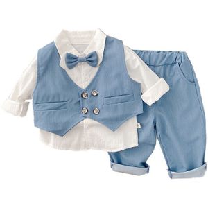 2022 Lente Jongen 3Pcs Sets Lange Mouwen Bowtie Witte Shirts + Blauw Vest + Broek Britse Gentleman Kind formele Kleding E099