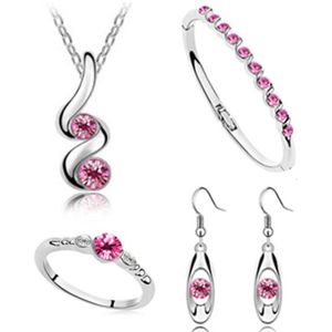 Fijne Sieraden 925 Sterling Zilver Voor Dames Bruiloft Vier Stuk Rose Rode Kristal Set Ketting Oorbellen Armband Ring Set yw030