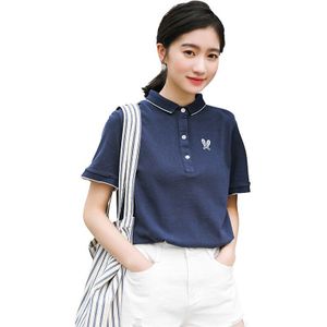 Aachoae Patchwork Polo Shirt Lady Korte Mouw Casual Katoen Vrouwen Sweatshirt Revers Bee Borduren Shirt Tops Polo Para Mujer