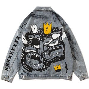 Grijs Denim Jassen Streetwear Gewassen Hiphop Herfst Mens Vintage Punk Rock Gedrukt Mannelijke Knop Oversize Ripped Jas Tops