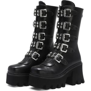 Winter Sexy Gesp Vrouwen Mid Kuit Laarzen Lederen Blok Hak Gothic Black Punk Stijl Platform Schoenen Vrouwelijke Schoenen Maat 35-42