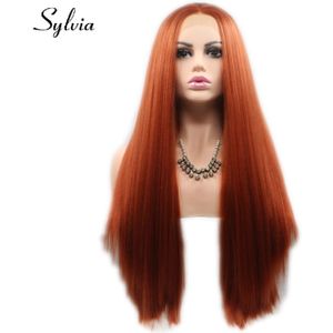 Sylvia 360 # Rood Bruin Yaki Straight Synthetische Lace Front Pruiken Natuurlijke Lijmloze Hittebestendige Vezel Haar voor Vrouw