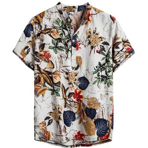 Zomer Man Shirt Heren Etnische Gedrukt Stand Kraag Katoen Linnen Korte Mouw Losse Hawaiian Henley Shirt Hawaiian Shirt