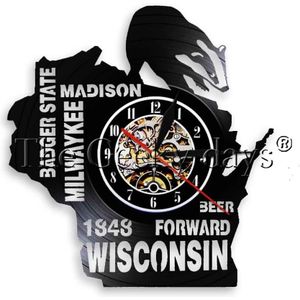 1 Stuk Badger State Wall Art Milwaykee Madison Bier Vooruit Wisconsin Vinyl Klok Man Cave Bar Teken Wandklok Vintage