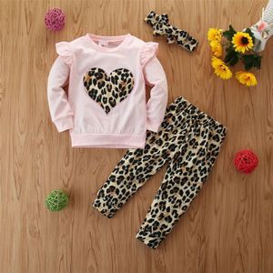 Baby Lente Herfst Kleding 3 Stuks Peuter Kid Baby Meisje Kleding Leopard Hart Top T-shirt Broek Leggings Hoofdband Outfit